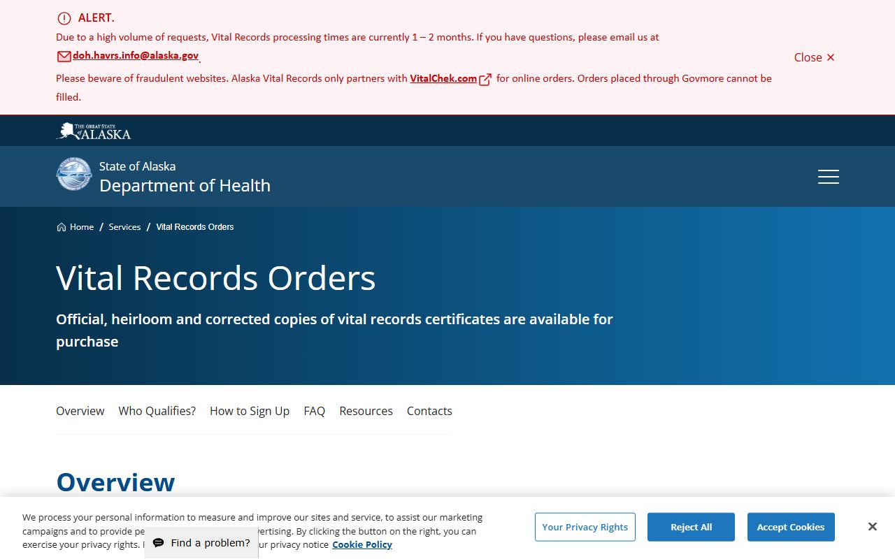 Alaska DHSS Vital Records Orders page for death certificate requests