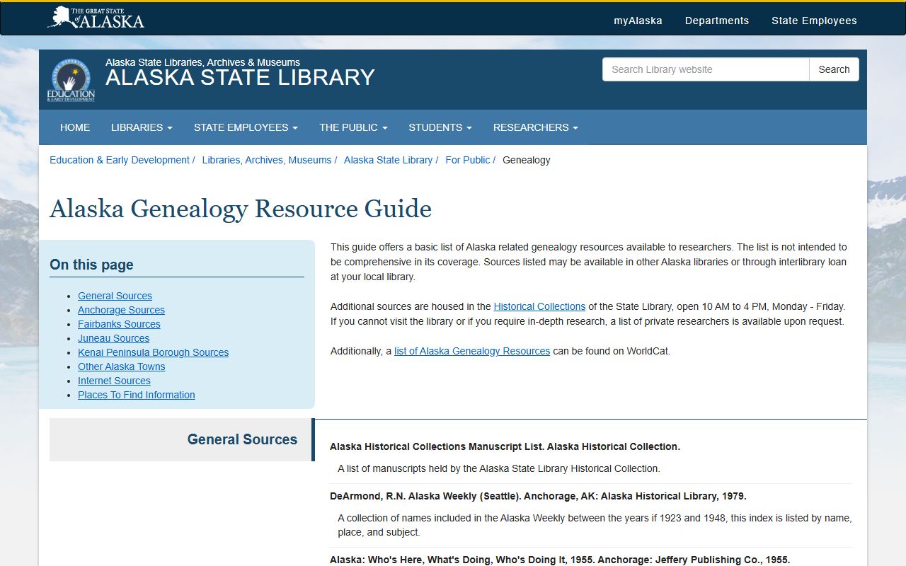 Alaska State Library genealogy resources guide for death records research