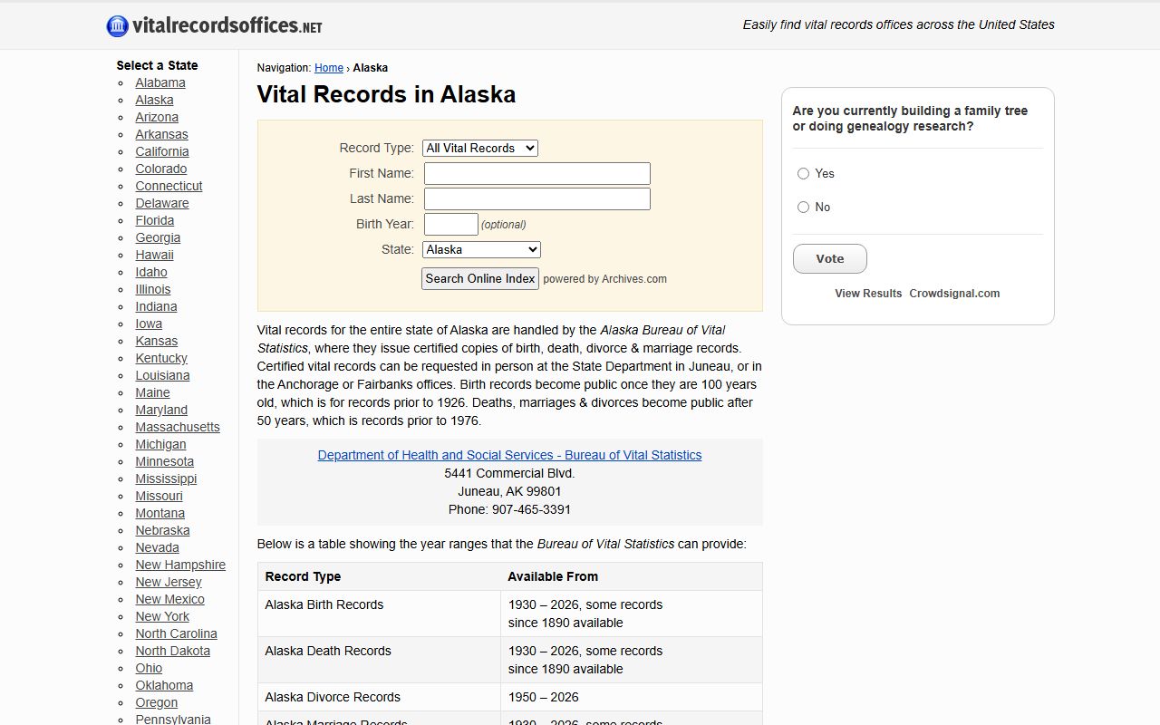 Alaska HAVRS vital records office information for Anchorage Municipality death certificate requests