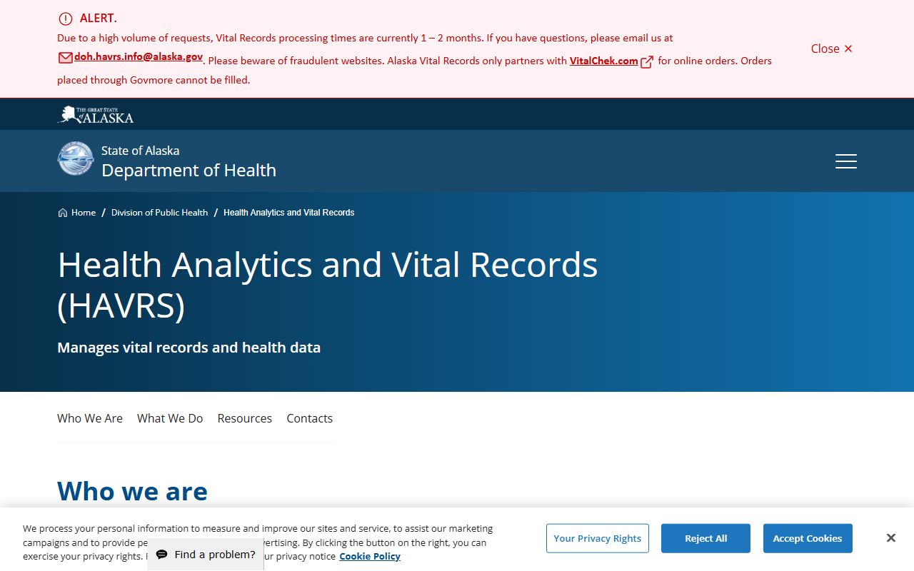 Alaska Health Analytics and Vital Records Section website